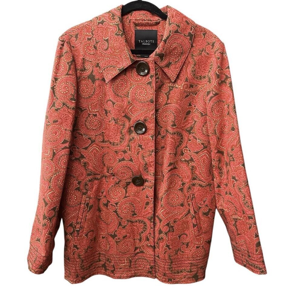 Talbots Pea Coat Women’s Size Large Paisley Print Car Coat Stretch Office